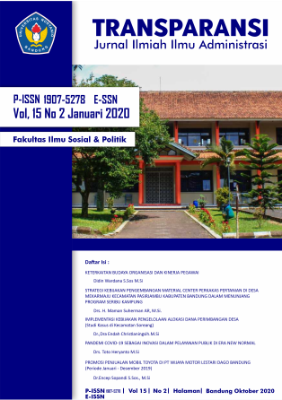 					View Vol. 15 No. 2 (2020): TRANSPARANSI Jurnal Ilmu Administrasi
				